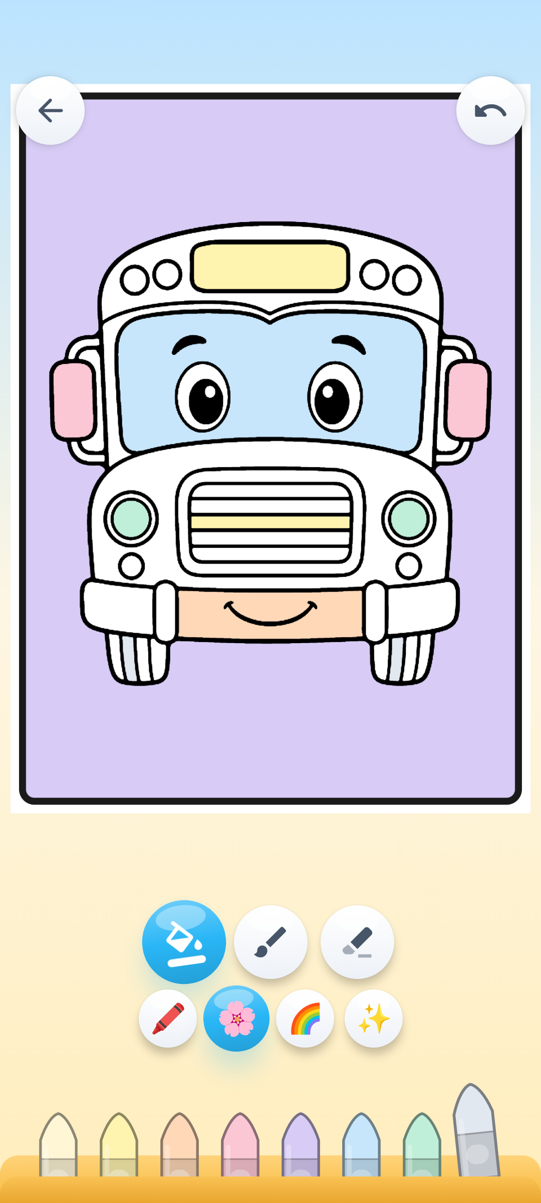 A school bus coloured entirely in soft pastel shades on a phone
