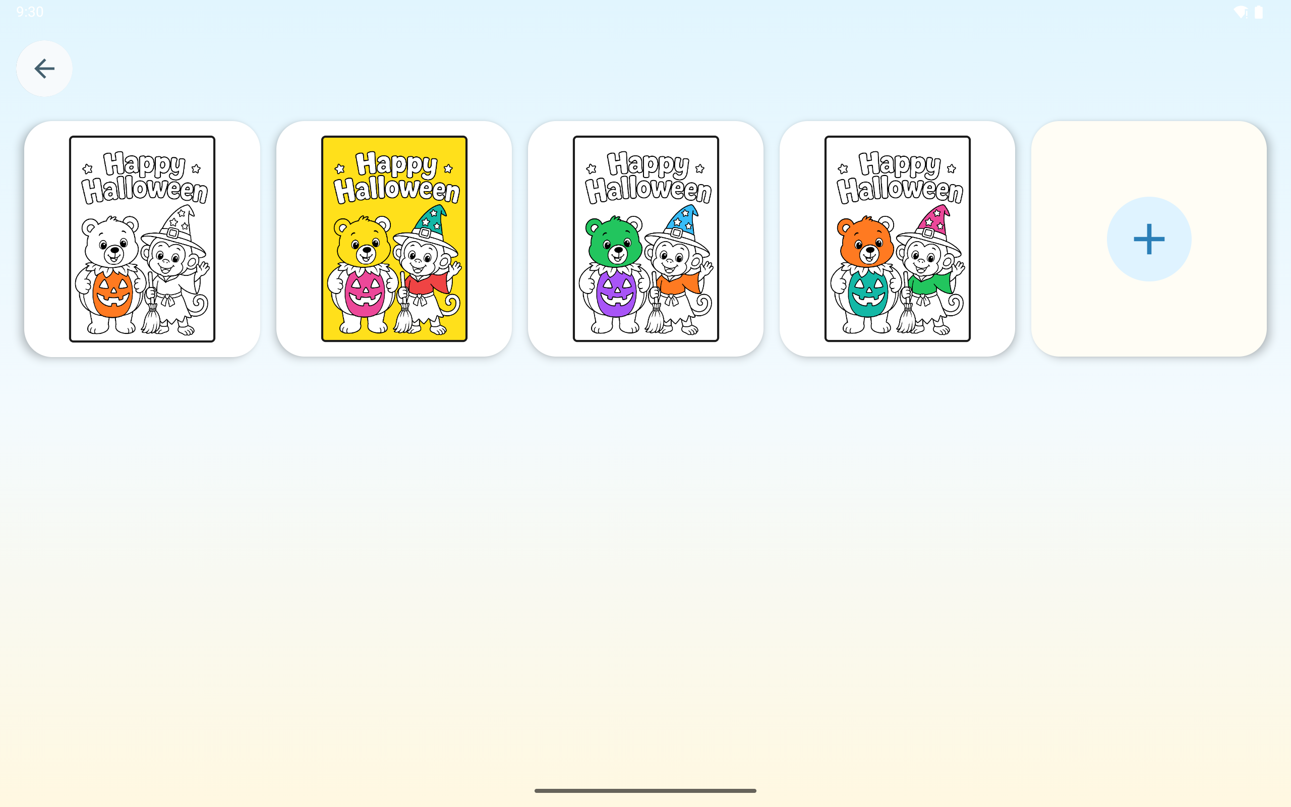 Four differently coloured versions of the same Halloween page, side by side