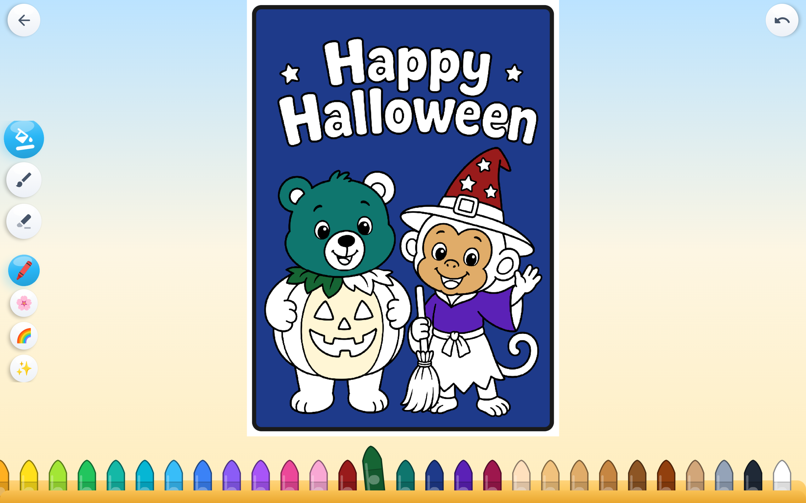 A Halloween page coloured with dark shades and a skin tone, with the full crayon box below